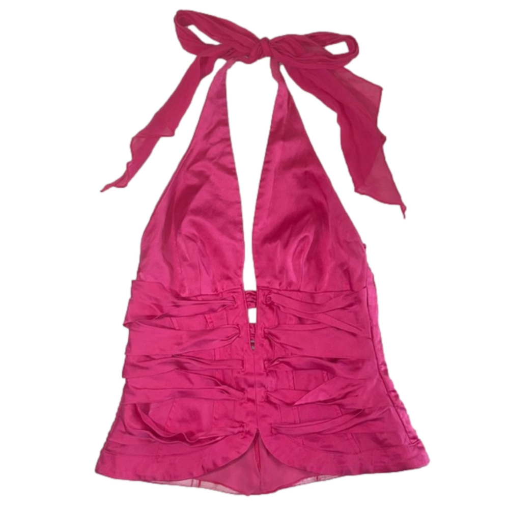 Dina Bar-El 100% silk sz Med pink Barbie Y2K Halter Sexy Vintage USA Made top